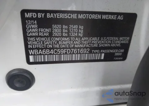 2015 BMW 650I Gran Coupe xDrive z USA, uszkodzony, nr VIN WBA6B4C59FD761692